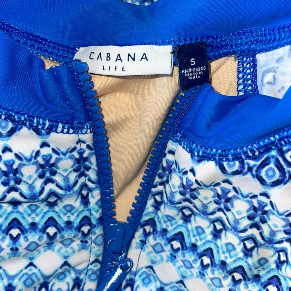 Cabana Life One Piece Swimsuit Partial Zip SPF 50+ Rashguard Small Blue White